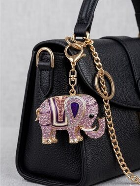 Purple Rhinestone Elephant Keychain | Lucky Charm Gold Enamel Bag Charm